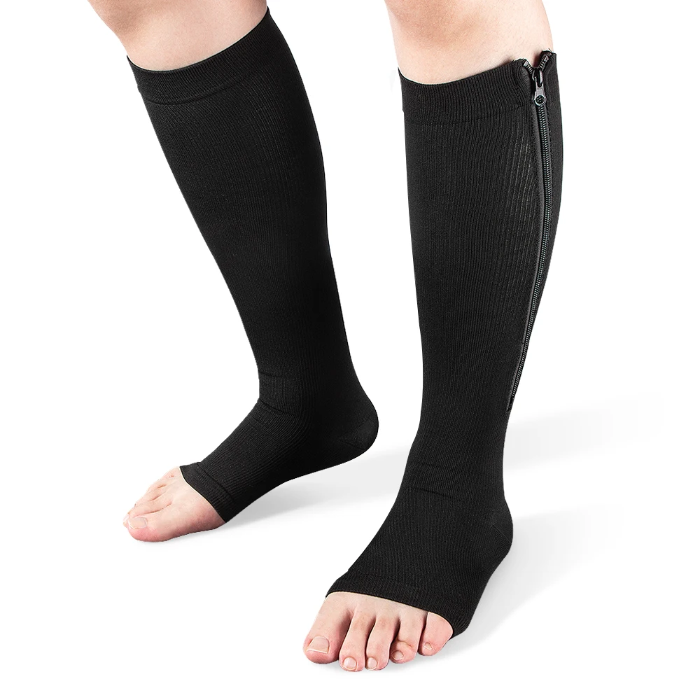1 Paar Unisex-Kompressionsstrümpfe mit offenem Zehenbereich und Reißverschluss, knielang, für Damen, schlank, für schlafende Schönheiten, Beinstütze, medizinische Hilfe zur Vorbeugung von Krampfadern