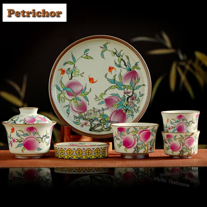 Yellow Ru Kiln Longevity Peach Tea Set Complete Set Retro Tea Ceremony Set Tea Maker Teapot and Tea Cup Set Teaware Ornaments