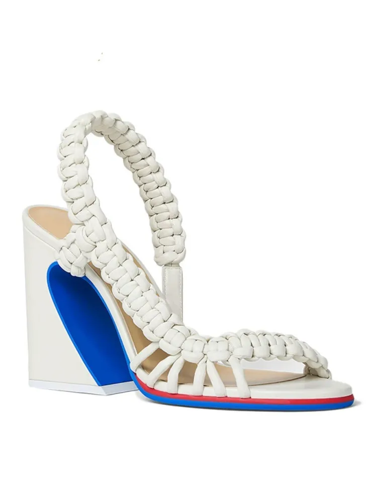 2026 Summer Fashion Knitted Coarse High Heel Sandals Round Headed Toothed Banquet Party Women's Large Sandals