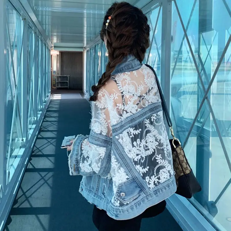 Mesh Embroidery Hole Denim Jacket 2025 Summer Lace Stitching Girlish Top - Image 3