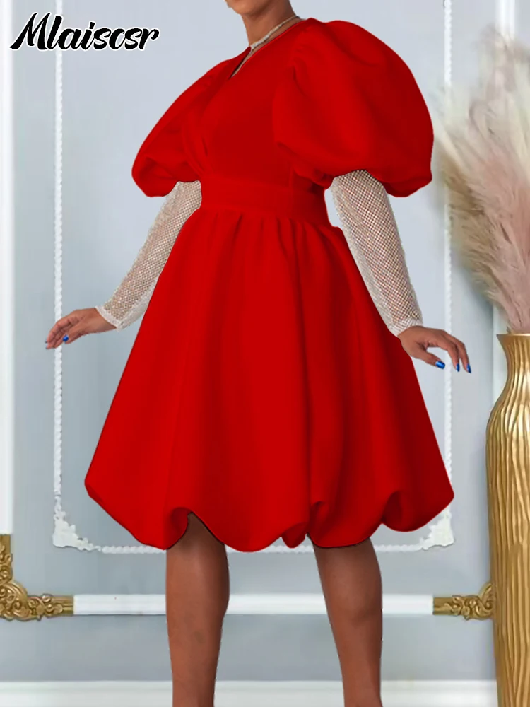 

Mlaiscsr Elegant Luxury V Neck Puff Sleeve A Line Red Mid Dress Women Christmas Party Celebrate Gowns Birthday Evening Dresses