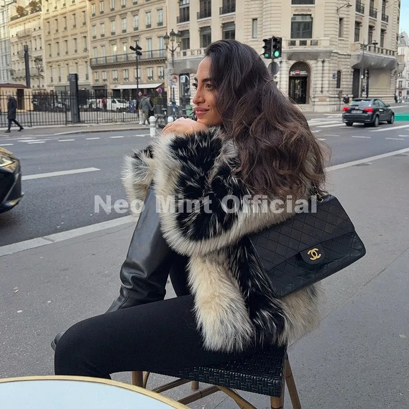 Neo Mint Luxury Brand Design Striped Patchwork Fur Jacket Women Winter Fluffy Faux Fox Fur Coats Chic Girls Thick Warm Outerwear