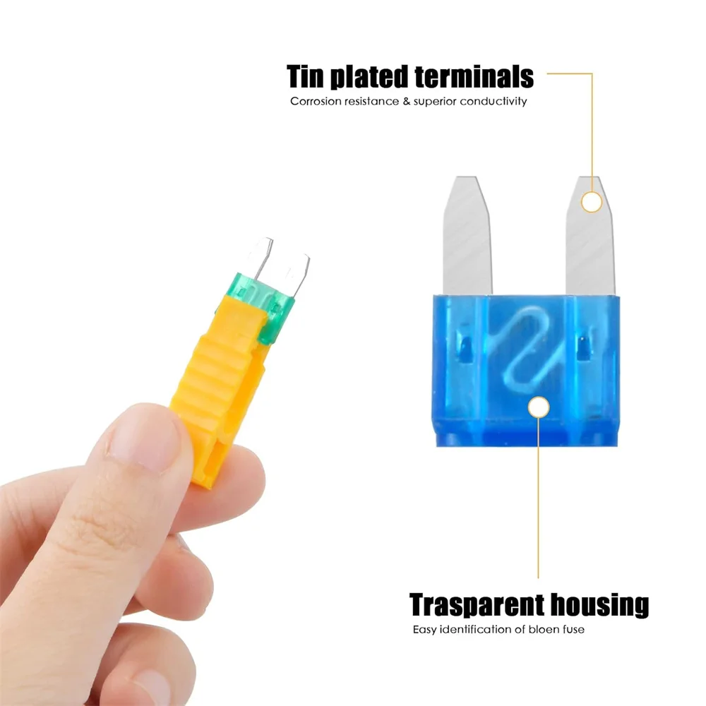 120-teiliges Mini-Sicherungsset, 2A 3A 5A 7,5A 10A 15A 20A 25A 30A 35A Mini-Flachsicherungen mit Sicherungszieher und transparenter Aufbewahrungsbox für Motorräder – Detail 5