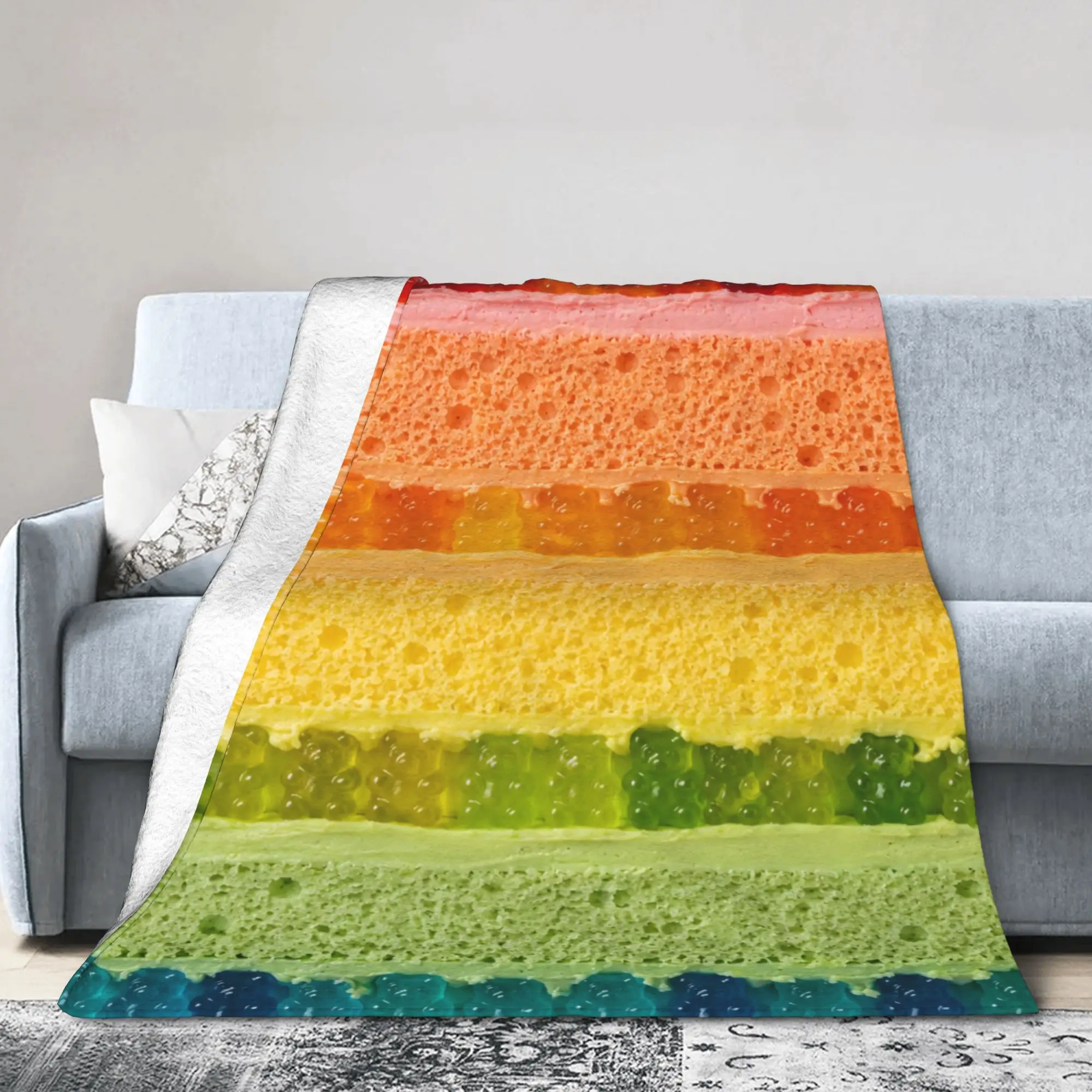 Hot Food Knitted Blankets Rainbow Cake Flannel Throw Blankets Summer Air Conditioning Printed Soft Warm Bedsprea,
