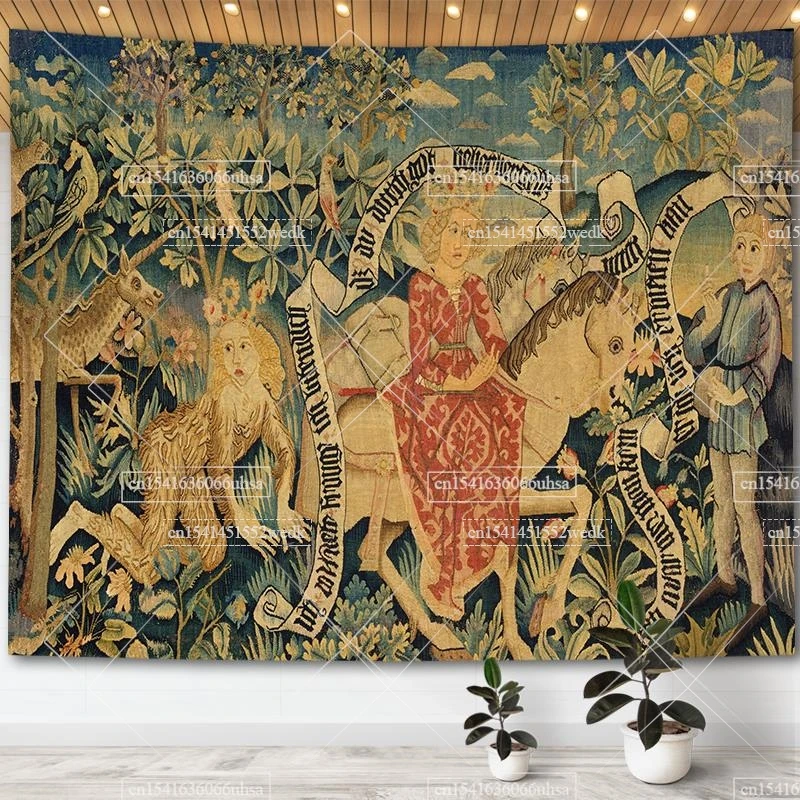 Medieval Unicorn Tapestry Wall Hanging For Home Decor Paintings Retro Hippie Tapestries Aesthetic Background Yoga Meditation