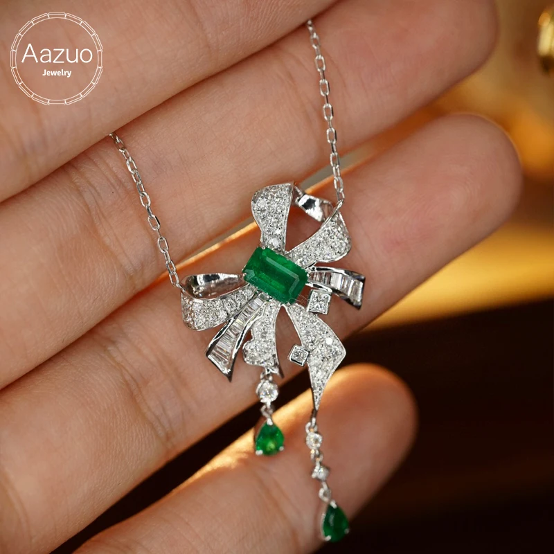 Aazuo Banquet jewelry 18K White Gold Natural Emerald Real Diamonds Bowknot Necklace Gifted For Women  Engagement Party Au750