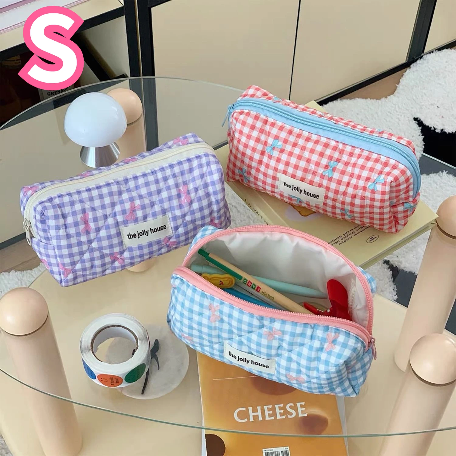 Large Capacity Sweet Plaid Ladies Cosmetic Bag Fashion Cute Women\'s Storage Bags Portable Female Makeup Cases Purse Handbags