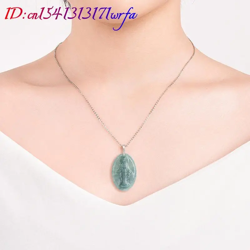 Myanmar Jadeite Virgin Mary Pendant Necklace Carved Amulet Burmese Jade Luxury Charm Fashion Accessories 925 Silver Vintage