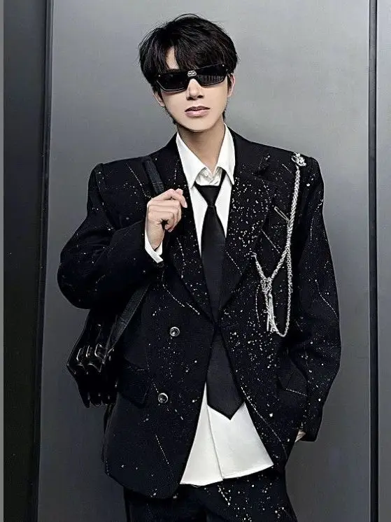 

Black Loose Men's Suit Jacket with Heavenly Chain Design High-End Trendy Pad Shoulder Western Style Autumn Winter Fashion