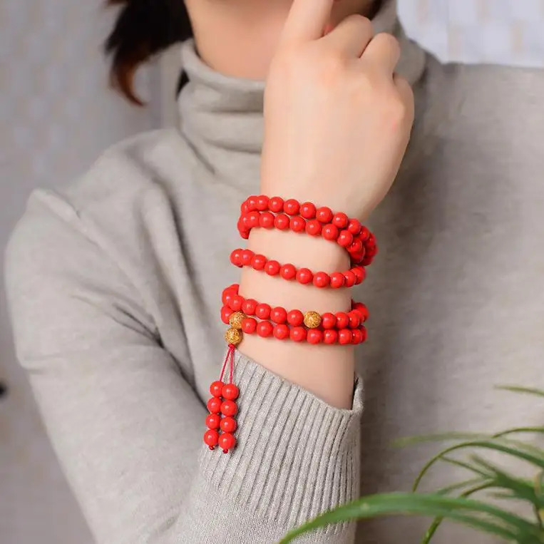 108 Red Cinnabar Buddha Beads Bracelet for Safe Life Year Nian Nian Nian Zhu Sha Bracelet