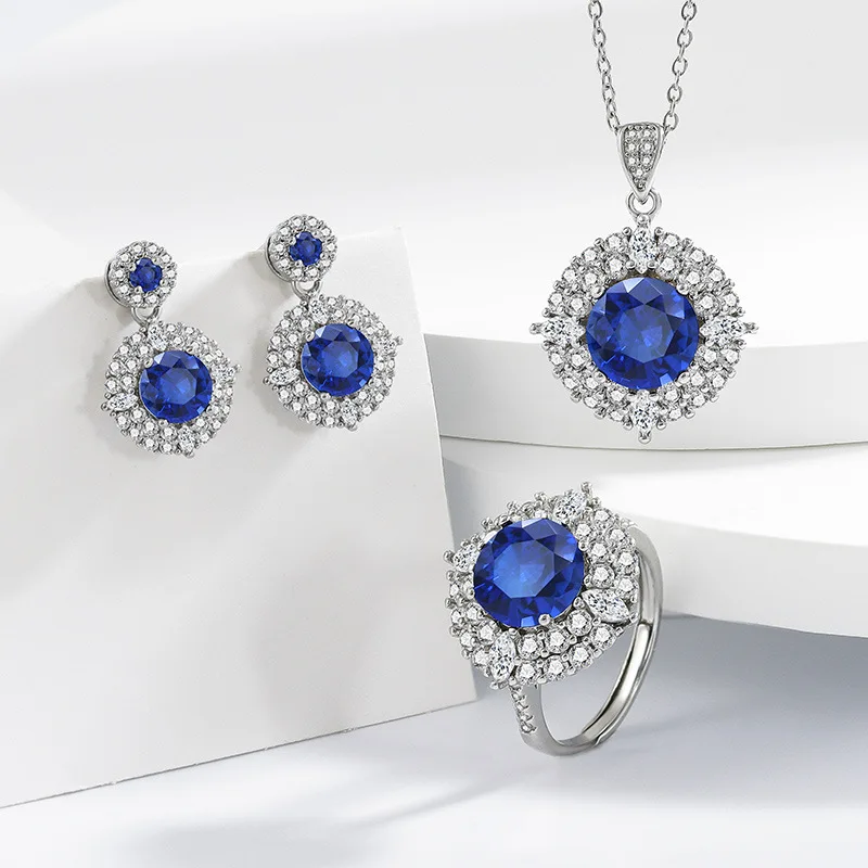 

925 Sterling Silver Elegant Light Luxury Full Zircon Sapphire Jewelry Set Evening Dress Jewelry