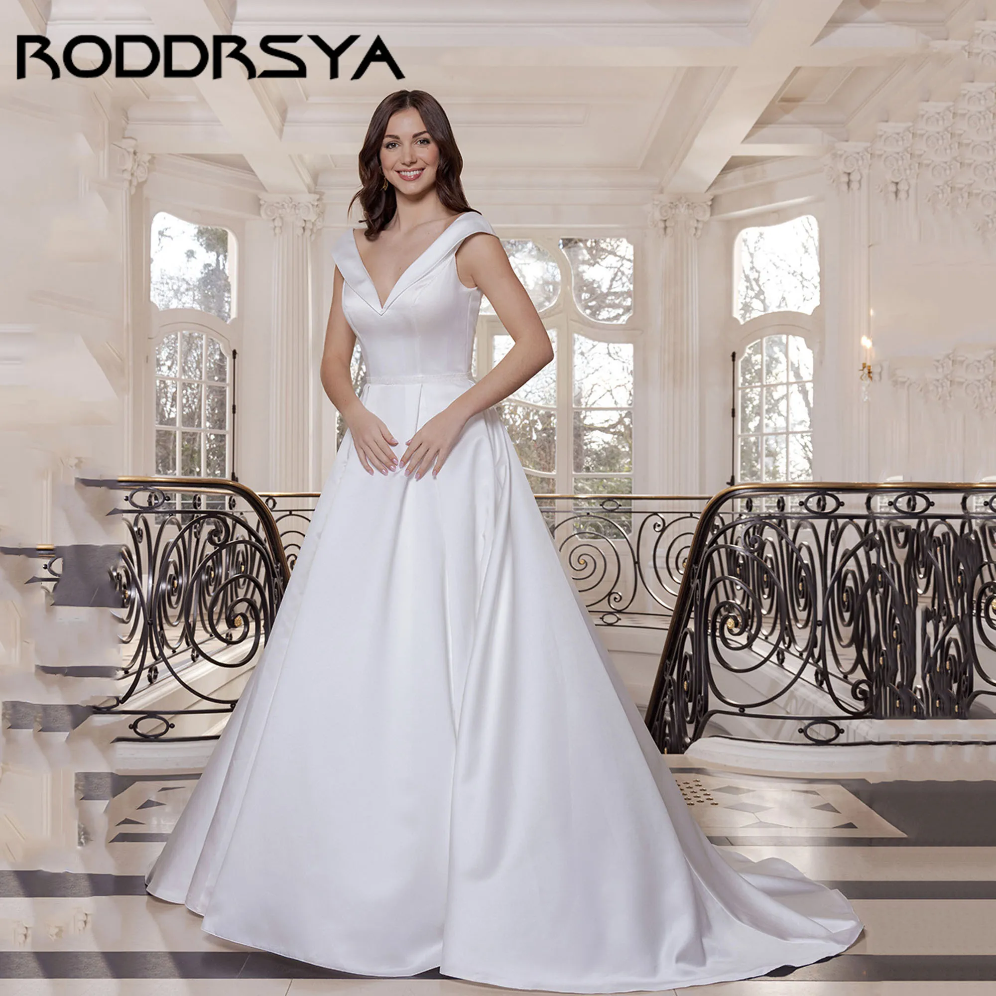 

RODDRSYA Satin Bridal Dress 2025 V-neck V-back Elegant Wedding Gowns Women A-line Sleeveless Simple vestidos de novia Customized