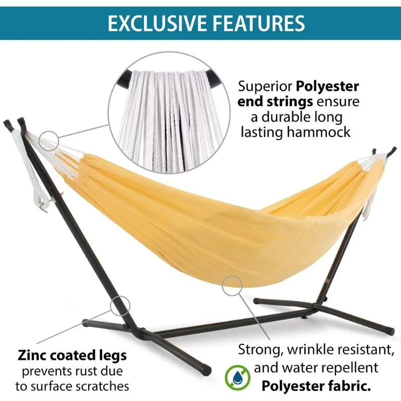 Vivere Double Polyester Hammock with Space Saving Steel Stand, Yellow (450 lb Capacity - Premium Carry Bag Included)