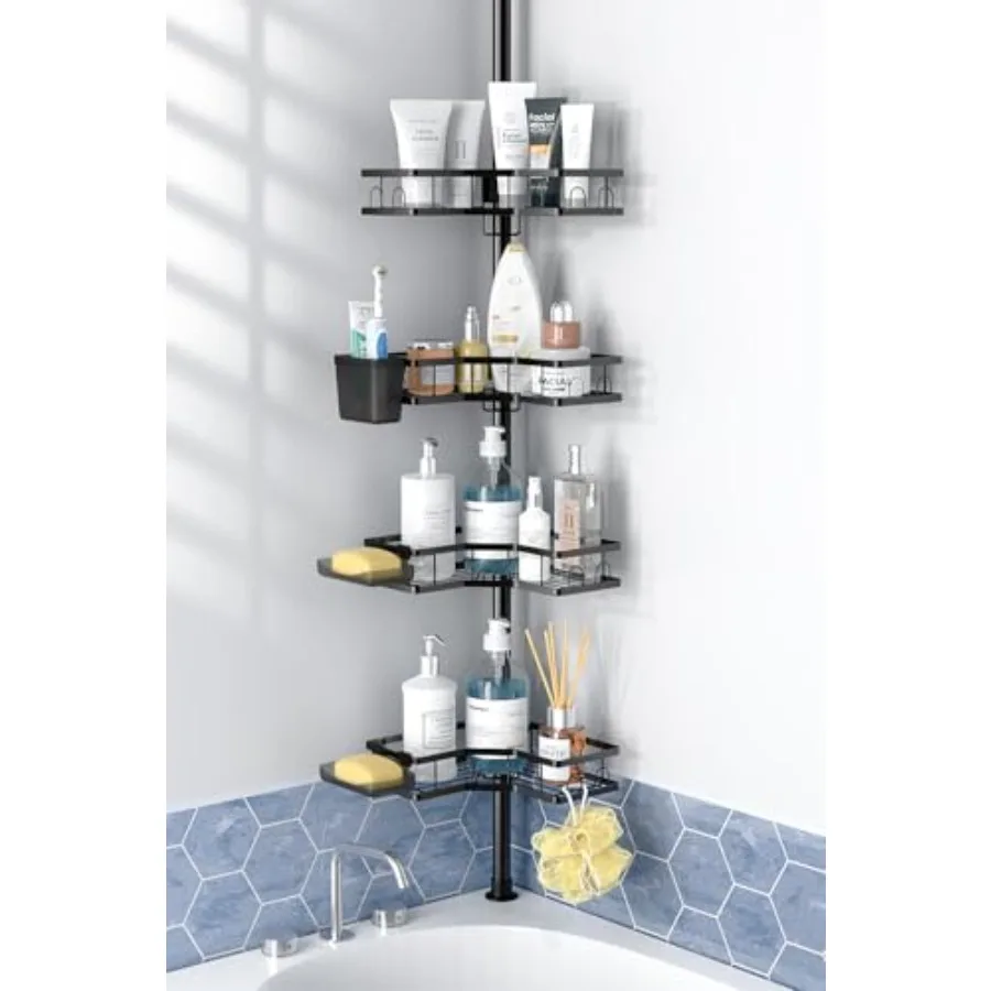 

Corner Shower Caddy Tension Pole: 4 Tier adjustable Rustproof Bathroom Organizer Shelves - Bathtub shampoo rack 31-124 inch