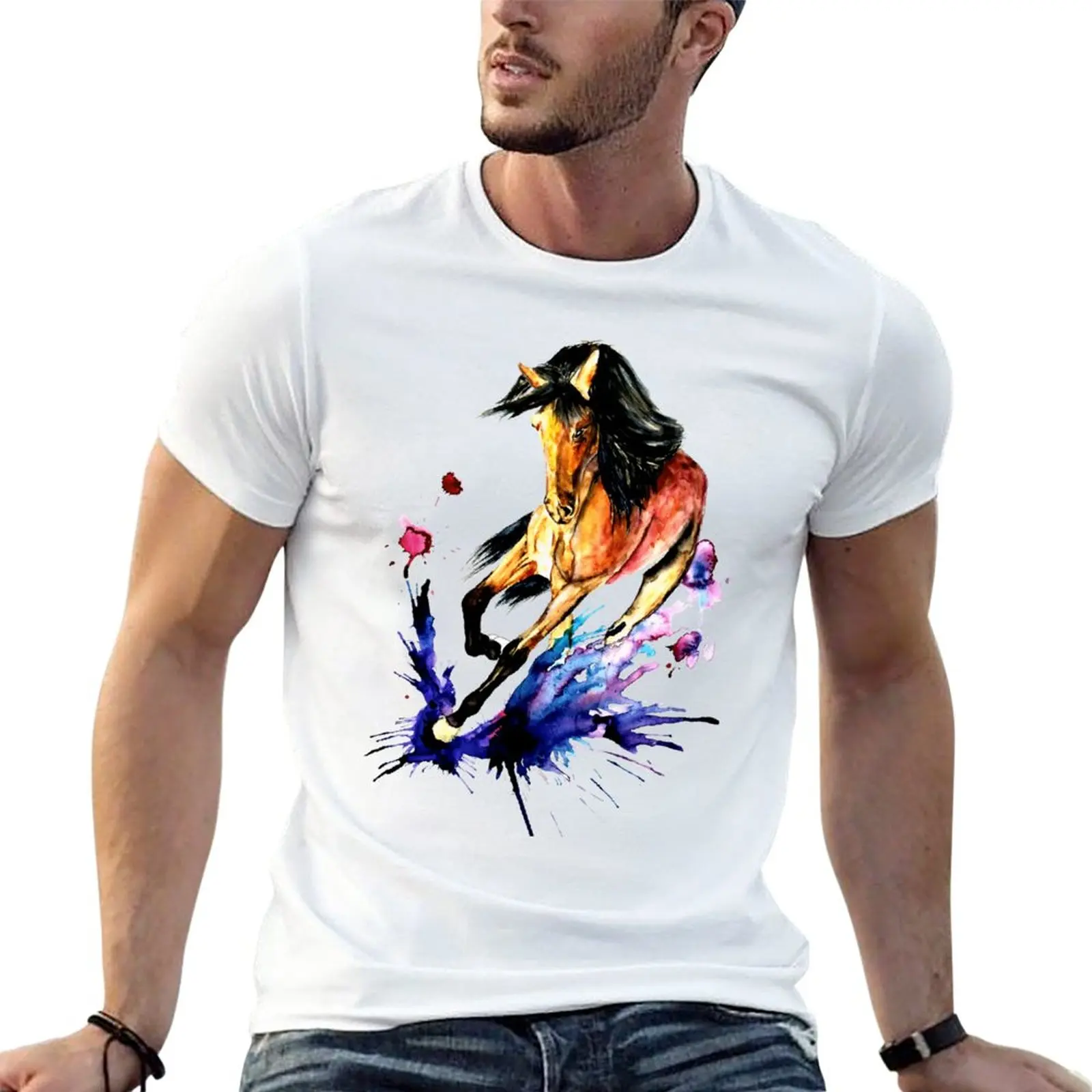 

running horse watercolor T-Shirt plus size tops for a boy mens clothes