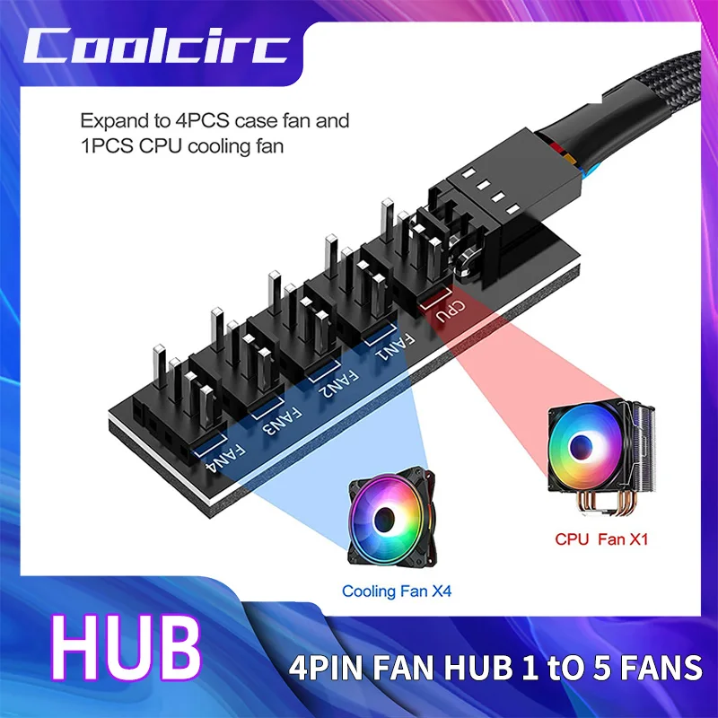 

COOLCIRC 4-контактный ШИМ 1-5-контактный разветвитель вентилятора с плетеным кабелем, 3/4 контакта, совместимый с охлаждением процессора и удлинителем вентилятора корпуса ПК