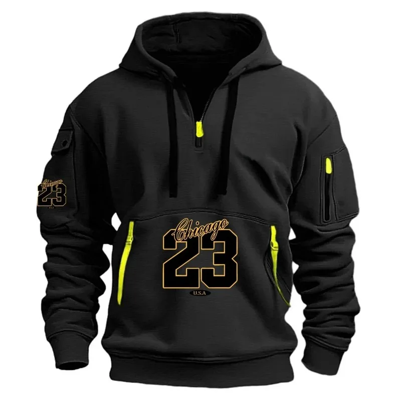 2026 Men Half Zip Multi Pocket Hoodie Pullover Autumn Winter Outdoor Training Sport Leisure Casual Sweatshirt