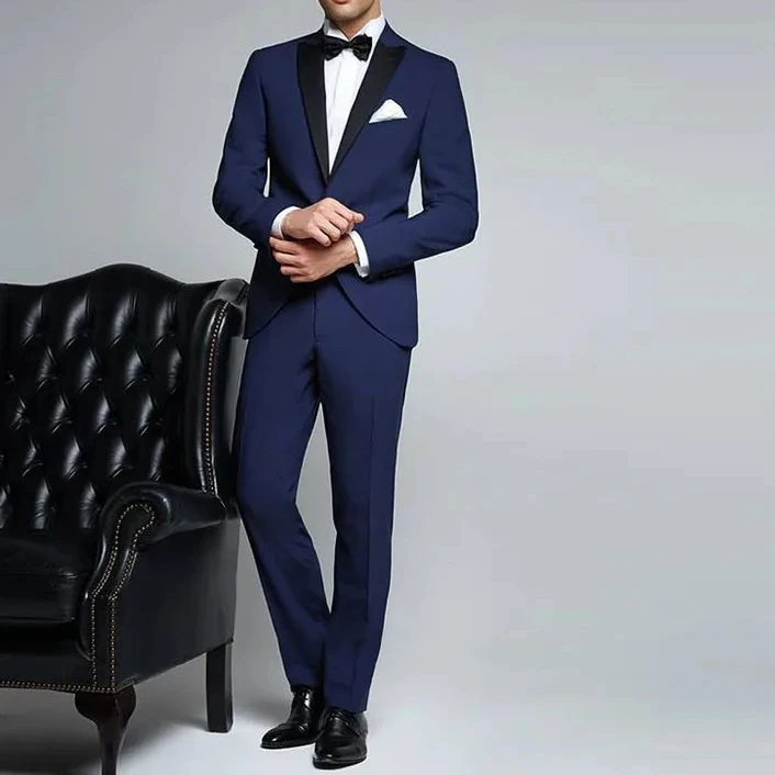 

Tailored Blue Peaked Lapel Men Suit Slim Fit 2 Piece Groom Tuxedo Formal Wedding Suits For Men Prom Party Blazer Costume Homme