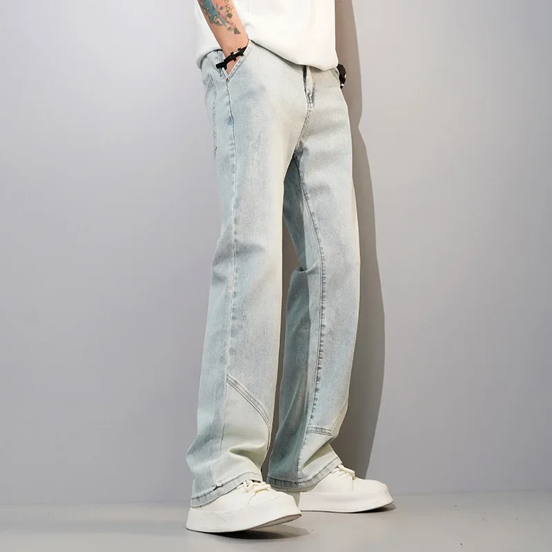 

LIBIELIY Four Seasons Men's New Fashion Trendy Straight Elastic Jeans Flare Pants Washed Light Blue Casual Denim Trousers Male