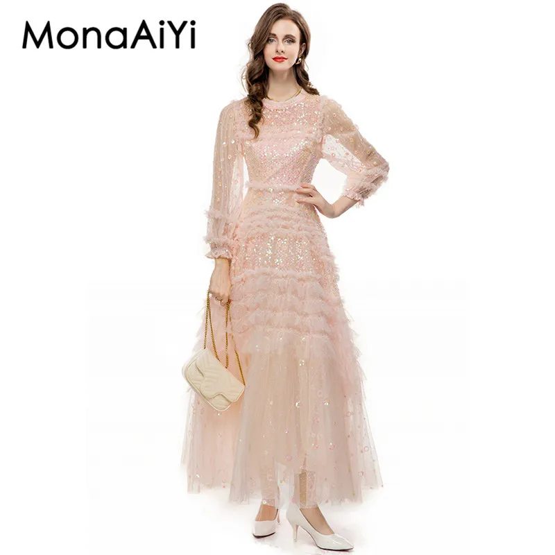 MonaAiYi Autumn Sweet Elegant Sequined fungus Trim Slim Round-Neck Long-Sleeve High Waisted Pink Princess Style Dress