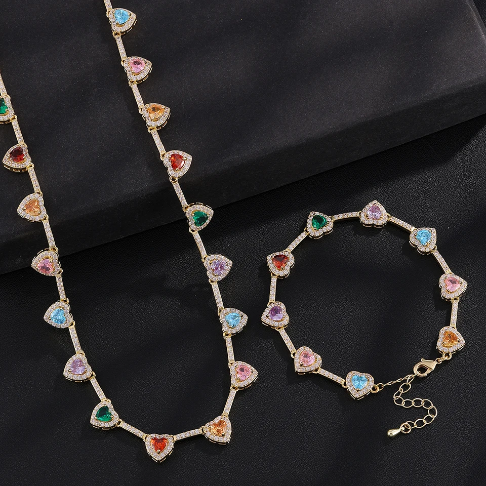 ZAKOL Hip-Hop-Mode-Set mit Regenbogen-Herz-CZ-Tennis-Armband und Halskette, vollständig mit AAA-Kubikzirkonia besetzt, Hip-Hop-Schmuck für Damen – Detail 11