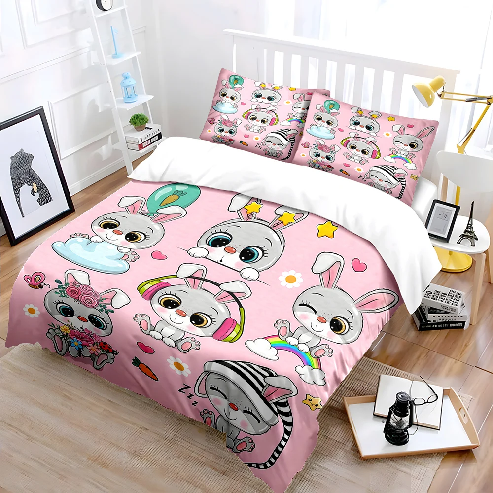 Cute cartoon bunny illustration Bedding Set for Kids Luxury Gift 3pcs Digital Print Comforter Set Soft Comfortable Breathable
