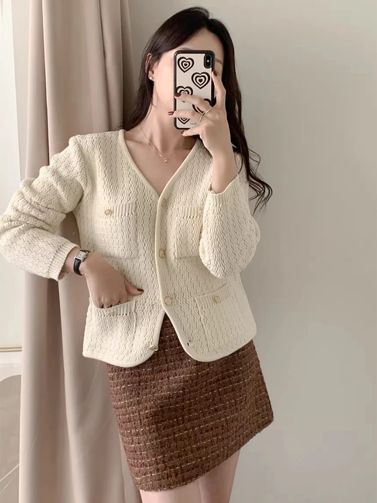 Шикарный осенний винтажный многоэтажный свободный волнистый длинный вязаный свитер V-Ne, женская верхняя одежда, корейский Sle Commute Faion