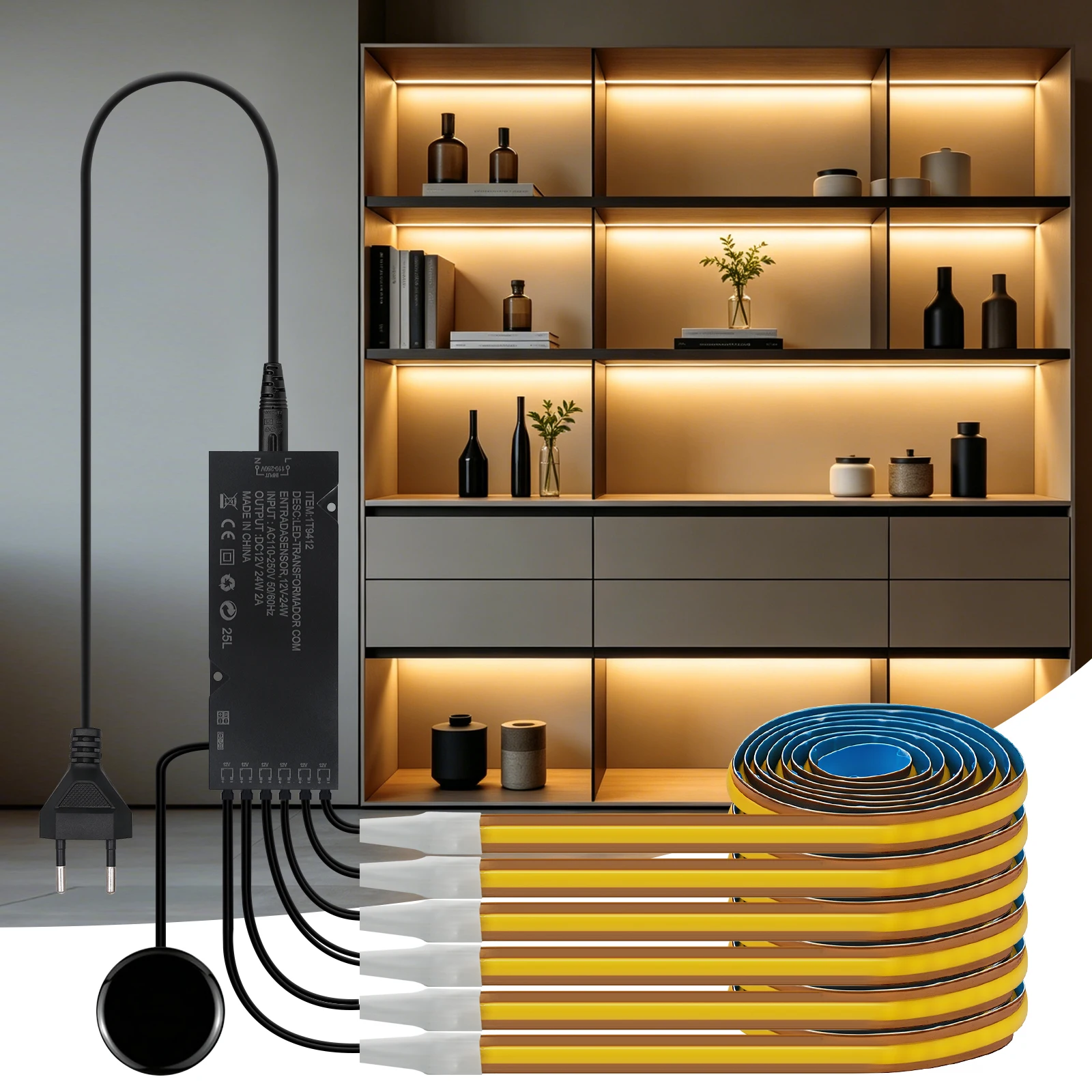 1-6pcs COB LED Strip 12V 24V Under Cabinet Collection Display Bookcase Wardrobe Closet Lamp Tape Penetrable Wood Touch Dimmer
