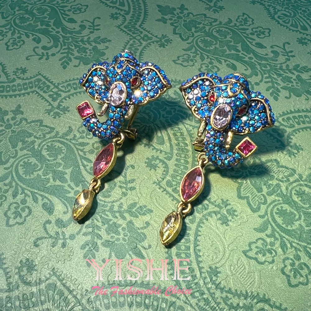 Western antique elephant head fringed earrings vintage copper plated real gold marked high-end medium antique heavy industry ear