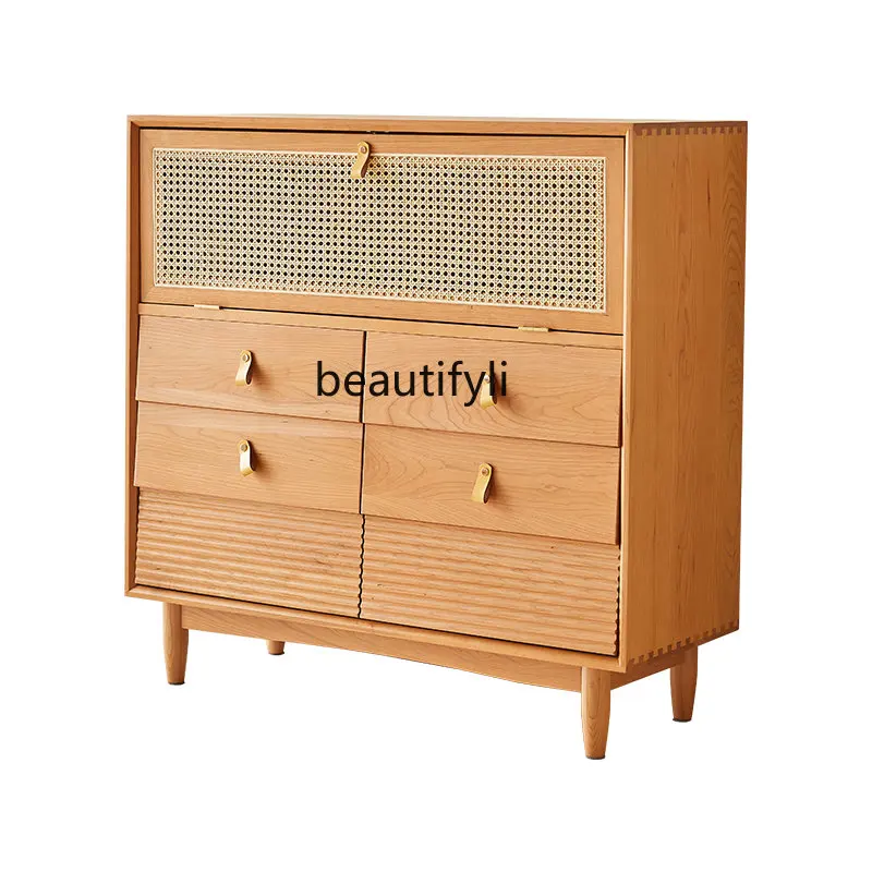 zq Retro Cherrywood Chest of Drawers TV Bench for Bedroom next to Rattan Japanese 7-Drawer Cabinet Solid Wood