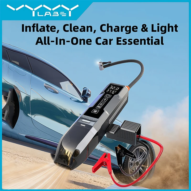 

VYVYLABS 4-in-1 Rechargeable Car Vacuum Cleaner with 3 Modes LED Light Cordless Tire Inflator 12V Emergency Jump Starter for car