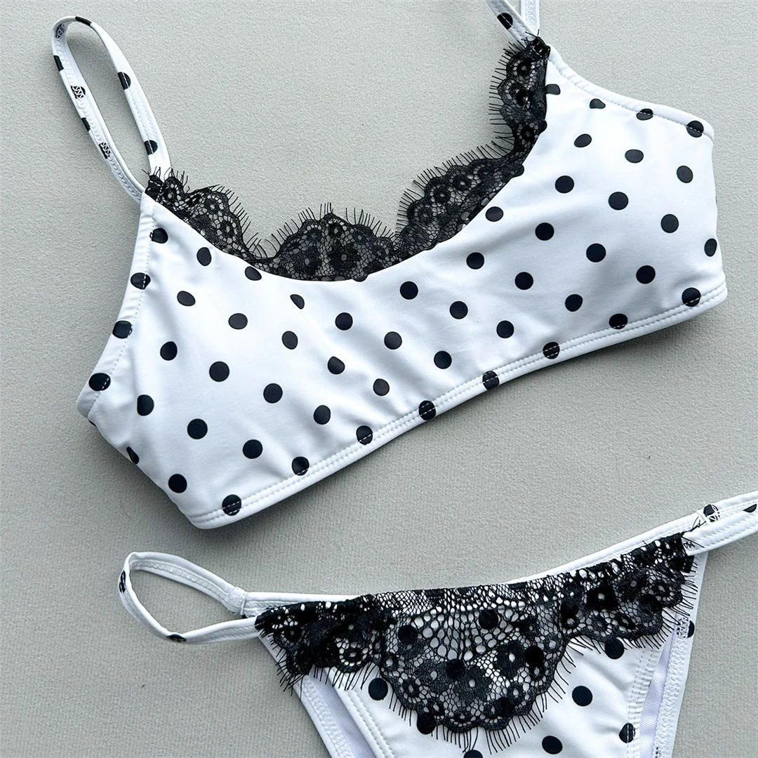 Polka Dot Splicing Spitzen-Bikini Damen-Badeanzug Zweiteiliger Bikini-Set mit hohem Beinausschnitt Badeanzug V8452 – Detail 7