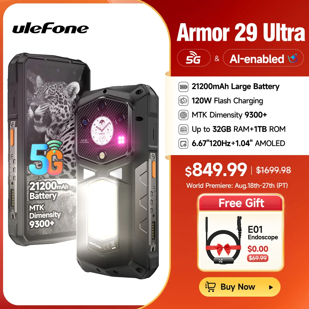 【НОВИНКА 2025 】 Ulefone Armor 29 Ultra 5G AI 21200 мАч Защищенный телефон Dimensity 9300+120 Гц ,1ТБ ПЗУ, 64 МП, NFC, Android 15 Двойной экран, Прочный телефон