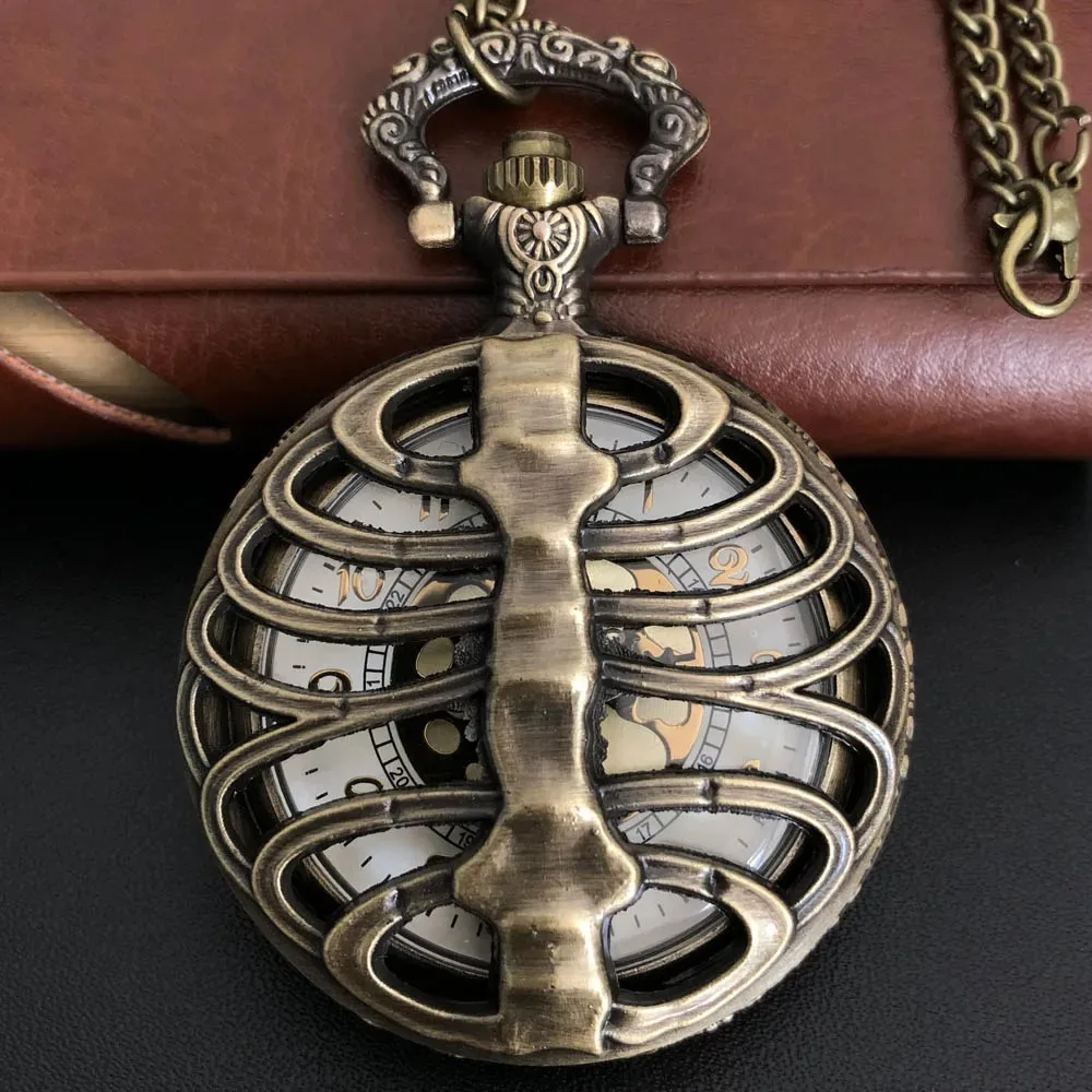 Exquisite Hollow Skeleton Design Quartz Pocket Watch Necklace Pendant Gifts for Man with Fob Chain Halloween Christmas Gift