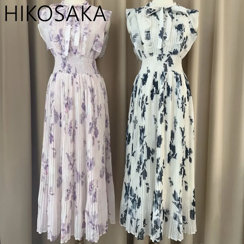 

Japanese New Print Ruffles Sleeveless Dress Women High Waist Slim A-line Pleated Robe Lace-up Bow Elegant Vestidos Mujer Moda