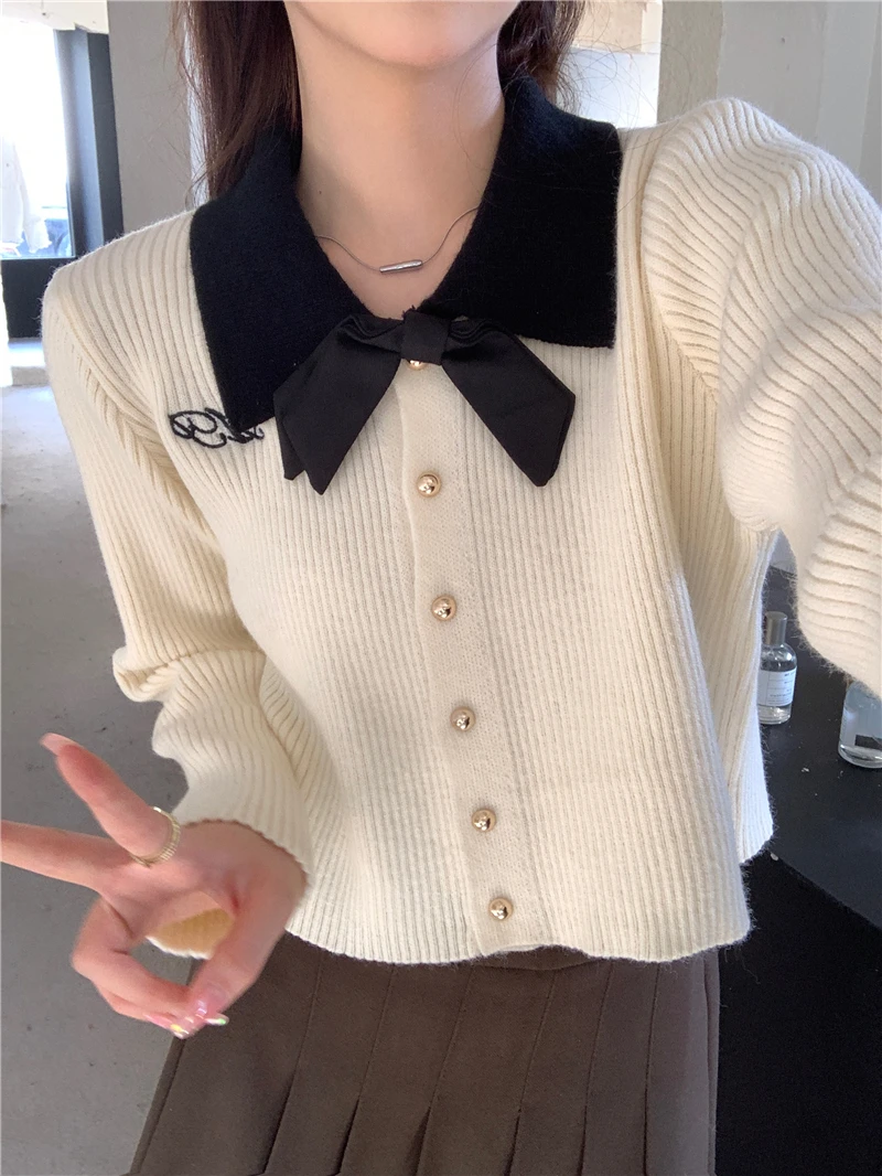

MiiiiX Elegant Embroidery Bow Knitted Cardigan Jacket Women's Sweater 2024 Autumn Design Long Sleeve Patchwork Knitted Short Top