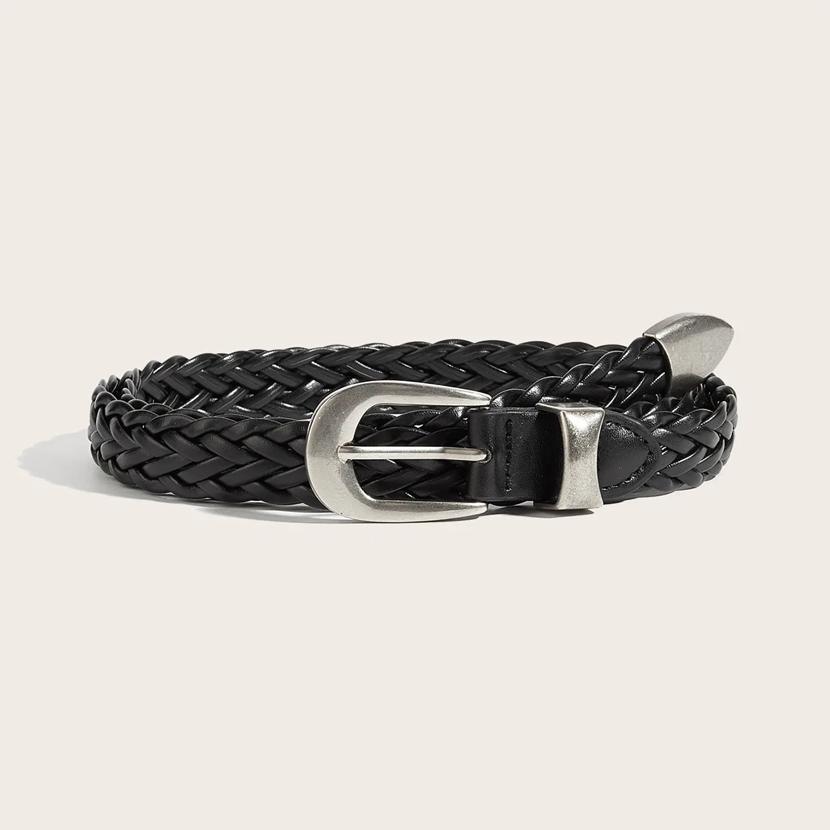 Punch Free Punk Style Woven Belt for Men and Women Black Metal Buckle Belt Dark Minority Retro Fried Dough Twists Belt