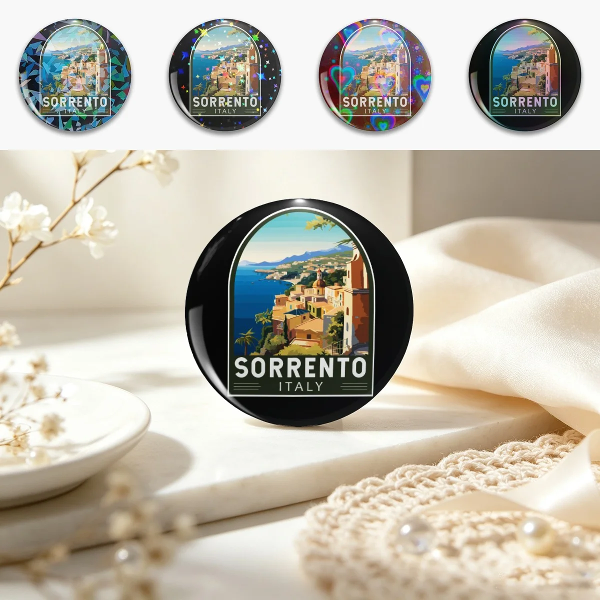 Sorrento Italy Travel Art Emblem Pin Holographic Star Heart Pin Brooches Laminated Button Fashion Accessory