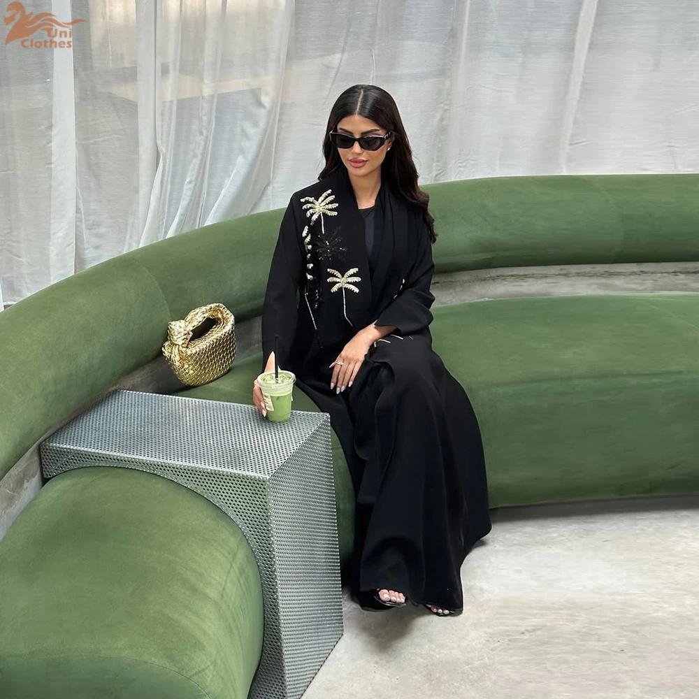 

Uni New Dubai Muslim Black Sequin Embroidery Open Abayas Solid Kaftans Women Fashion Cardigan 2025