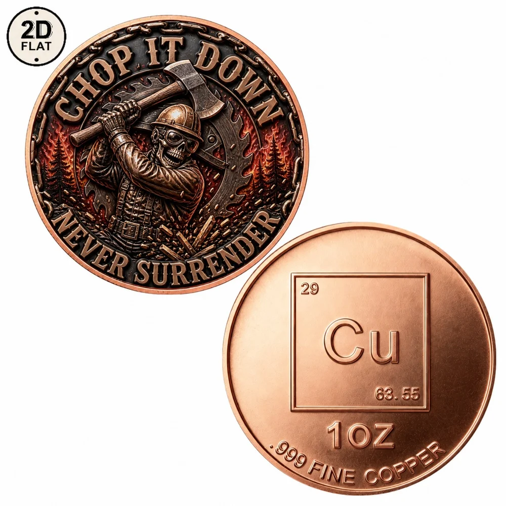 1pc Chop It Down Never Surrender Lumberjack Skull Copper Challenge Coin Skeleton Logger Axe Souvenir Medal Dark Fantasy Gifts