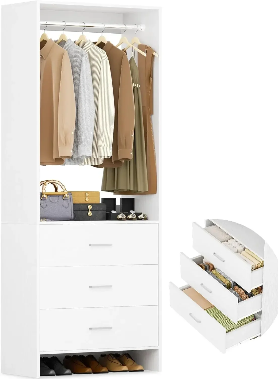 Closet System with 3 Drawers, 24’’ Freestanding Organizer, Wood Organizer System, Walk-in or Small