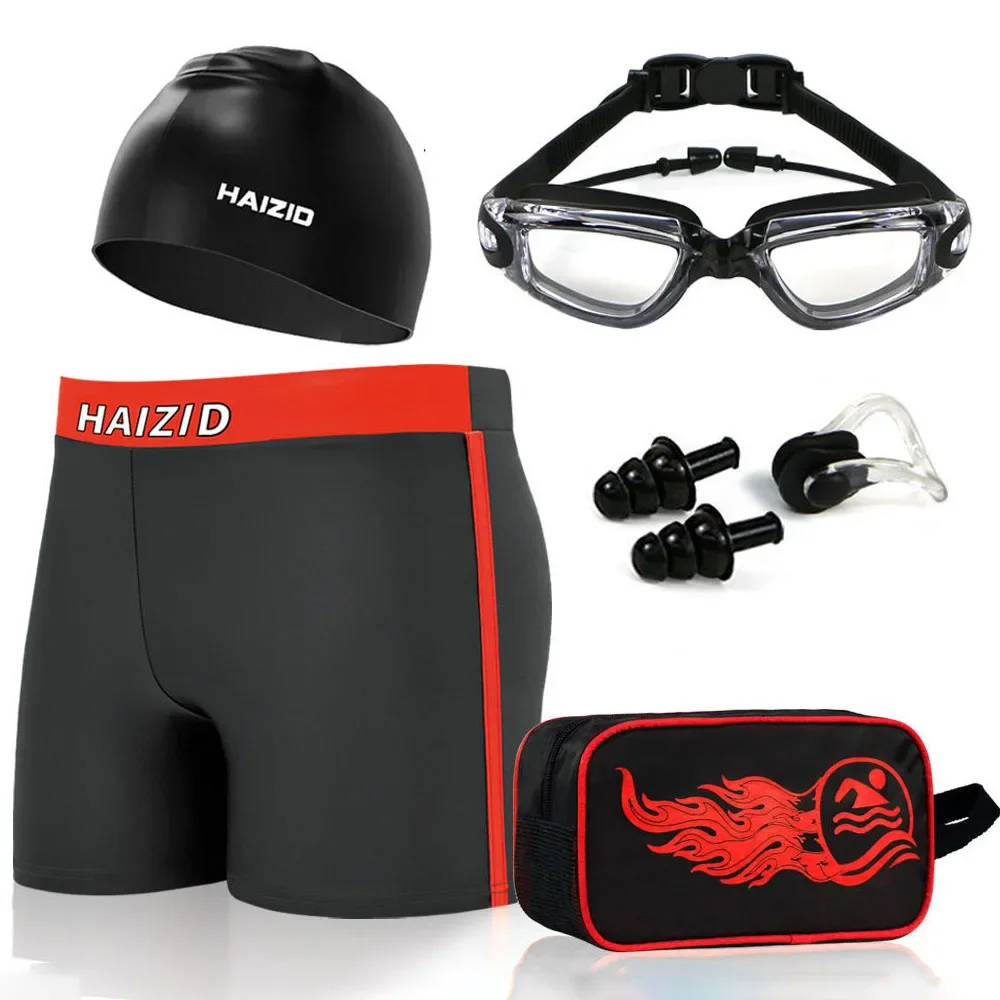 Men Waterproof Swimming Shorts Competition Swim Equipment Goggles With Ear-plug Cap Case Briefs Swimwear Half Pants