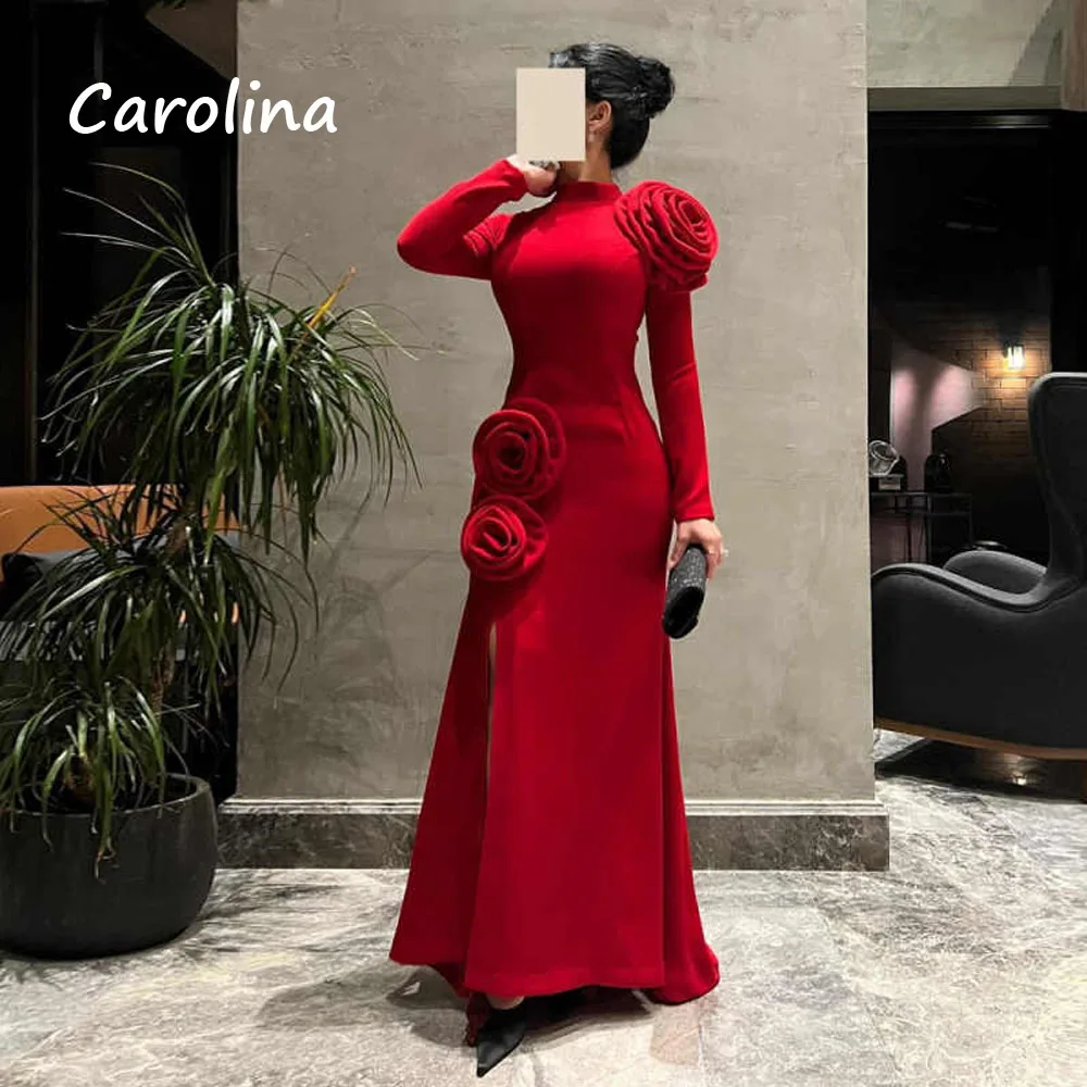 Carolina Red High Neck Long Sleeve Mermaid 2024 Slim 3D Flowerst Ocassion Gown Floor-Length Formal Evening Dress Party Dress