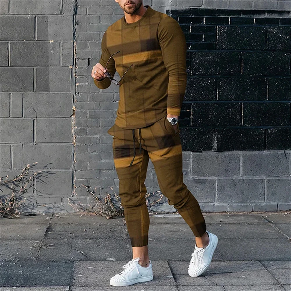 Retro Plaid 3D Printing Long Sleeved Suit Men's Fashion Jogging Sweatshirt Set Spring Fall Crew Neck Sweatshirt And Pants M-3XL