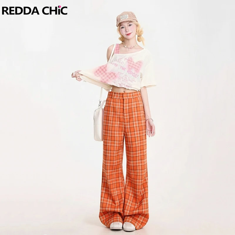 

REDDACHiC Оранжевые брюки в клетку в клетку с высокой талией и карманами, тонкие свободные широкие классические брюки, школьная модная винтажная женская одежда