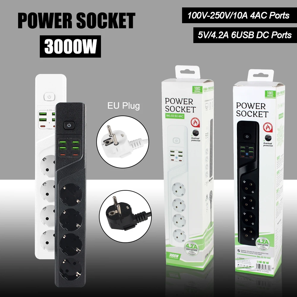 

Многопортовая сетевая розетка 100-250В 10А с 4 гнездами, адаптер питания 3000Вт с USB Type-C 5В/4.2А, вилка EU
