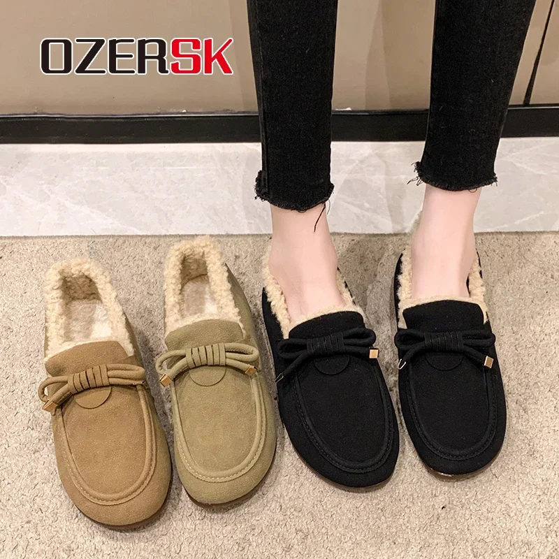 OZERSK Winter Fashion Non-Slip Warm Fur Outdoor Comfortable Slip On Loafers Casual Plush Versatile Flats Shoes For Women