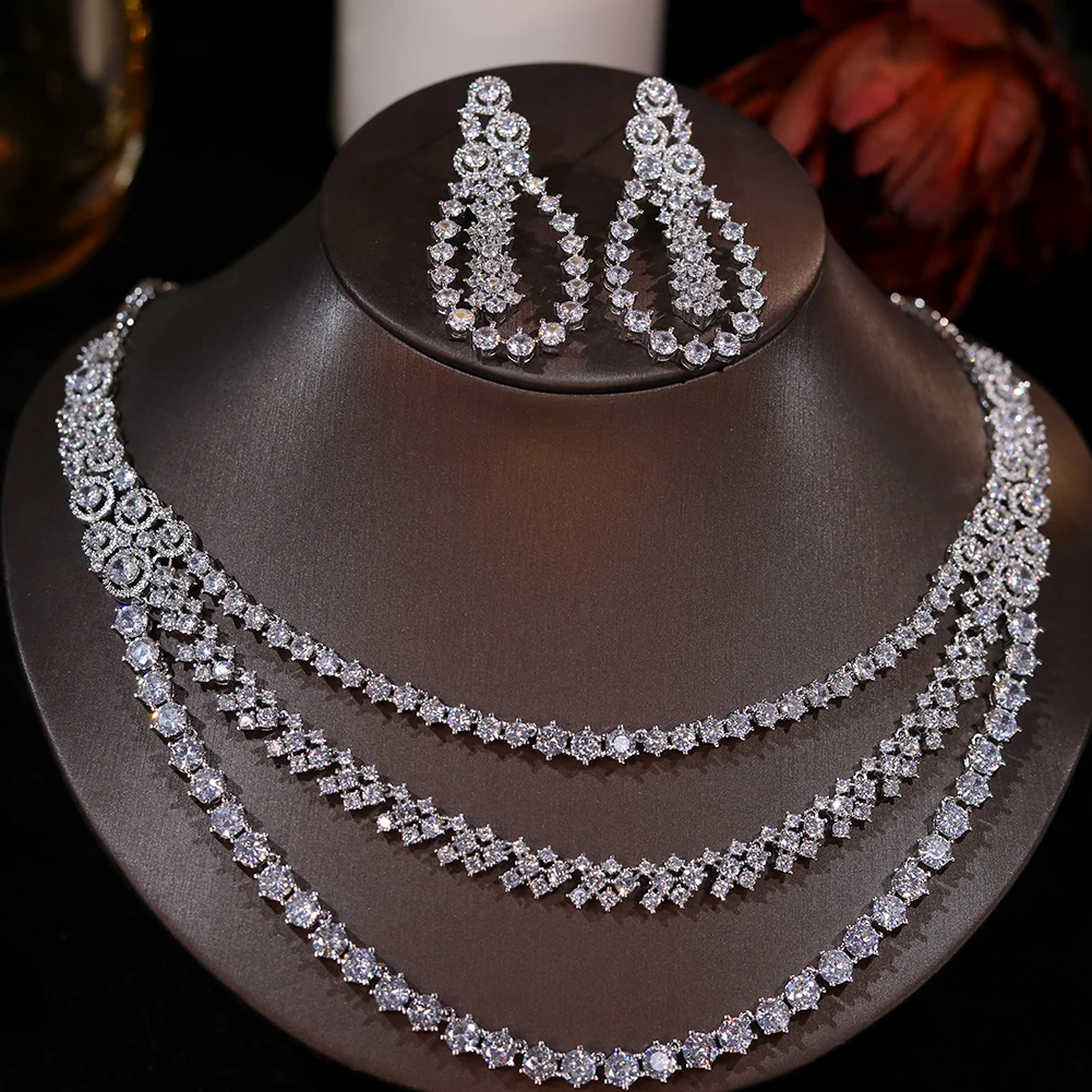 Classic Cubic Nigerian Jewelry Set for Women3 Layer Crystal Necklace and Earrings Bridal Weeding Engagement Accessories