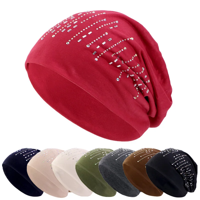 

New Women's Beanie Hat with Rhinestones Elastic Skull Cap Lightweight Warm Beanies Chemo Cap Knitted Slouchy Beanies Bonnet