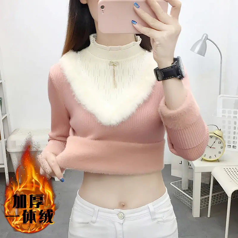 Korean Turtleneck Thicken Knitted Pullovers Woman Winter Plus Velvet Heart Sweater Casual Fleece Lined Warm Knitwear Tops